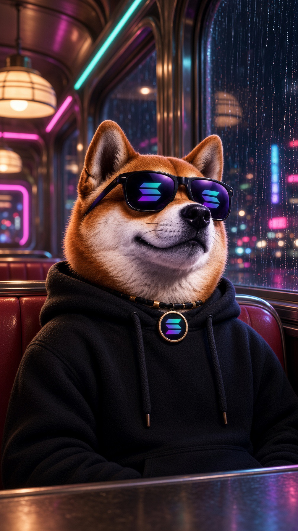 MOONDOG relaxing in a neon-lit diner booth