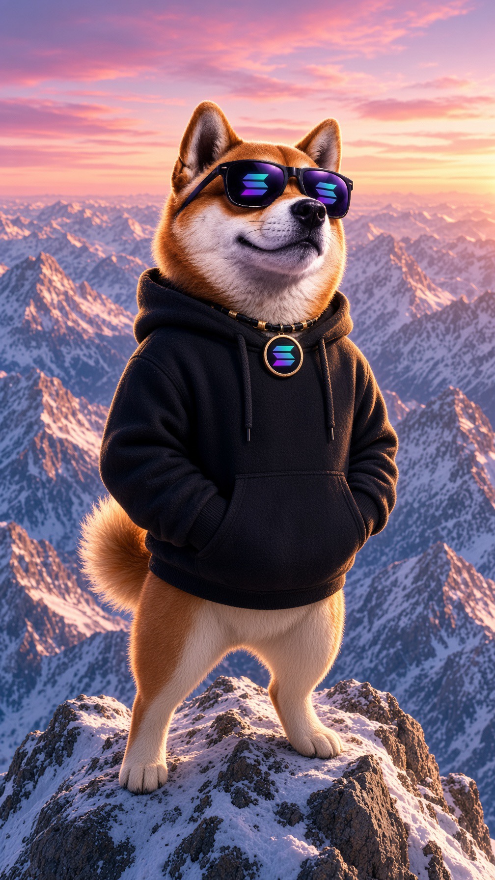 MOONDOG standing on a snowy mountain peak at sunset