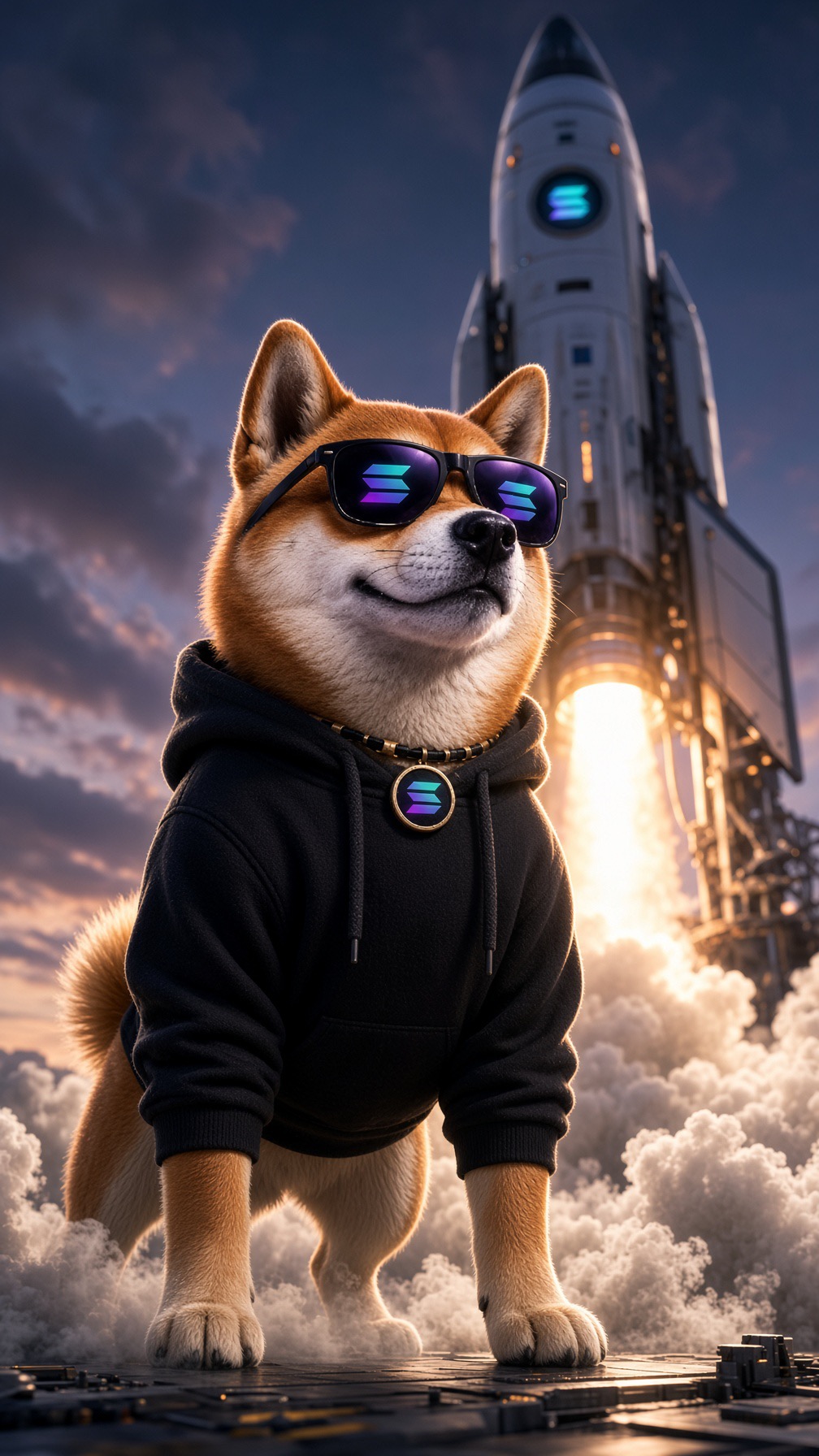 MOONDOG in front of a launching Solana rocket