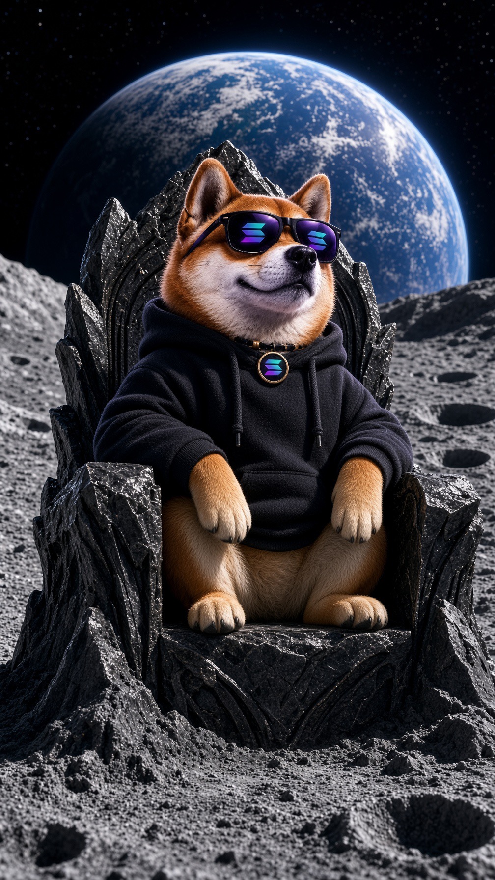 MOONDOG sitting on a rock throne on the moon