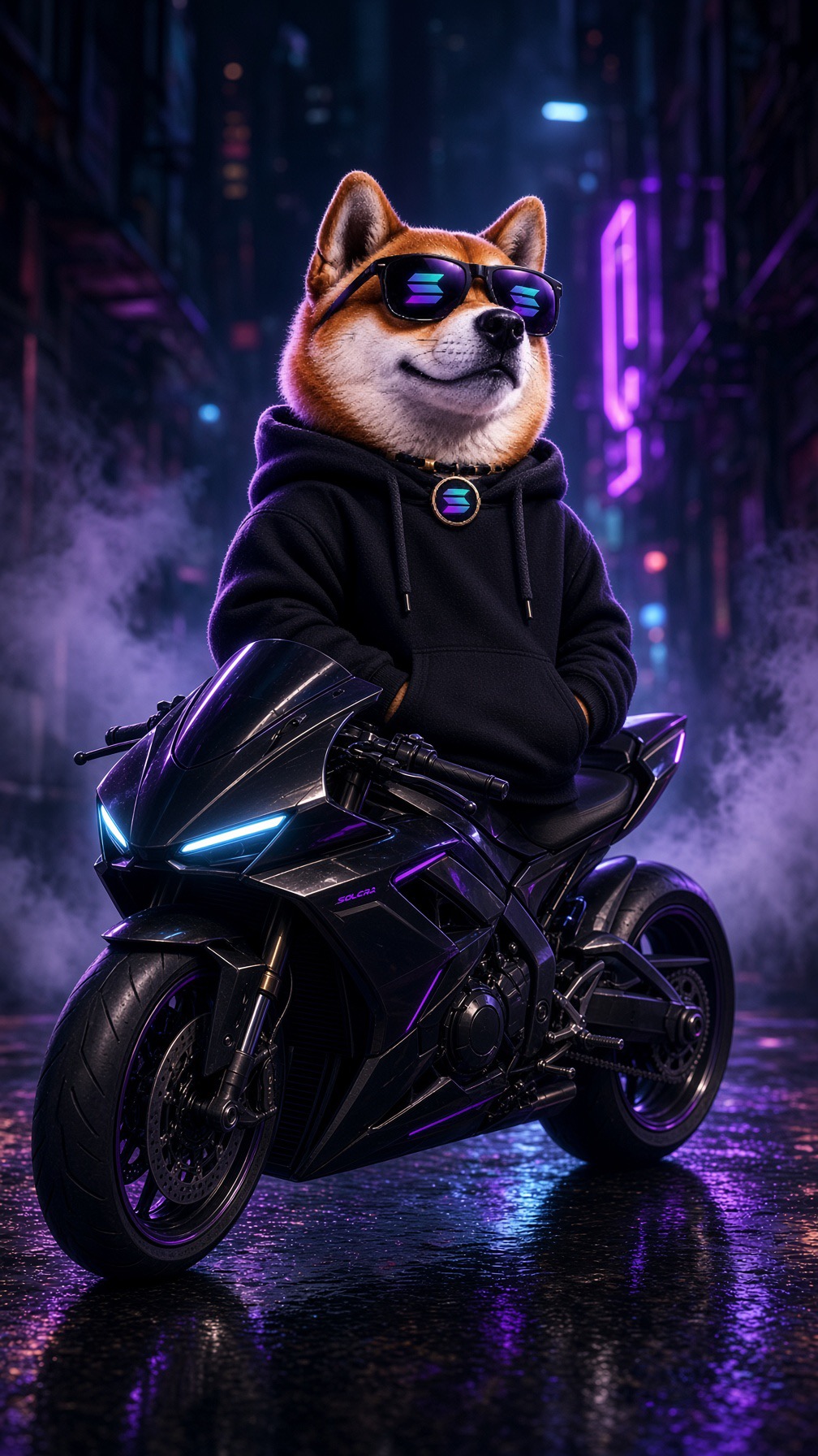 MOONDOG riding a neon superbike through a night city