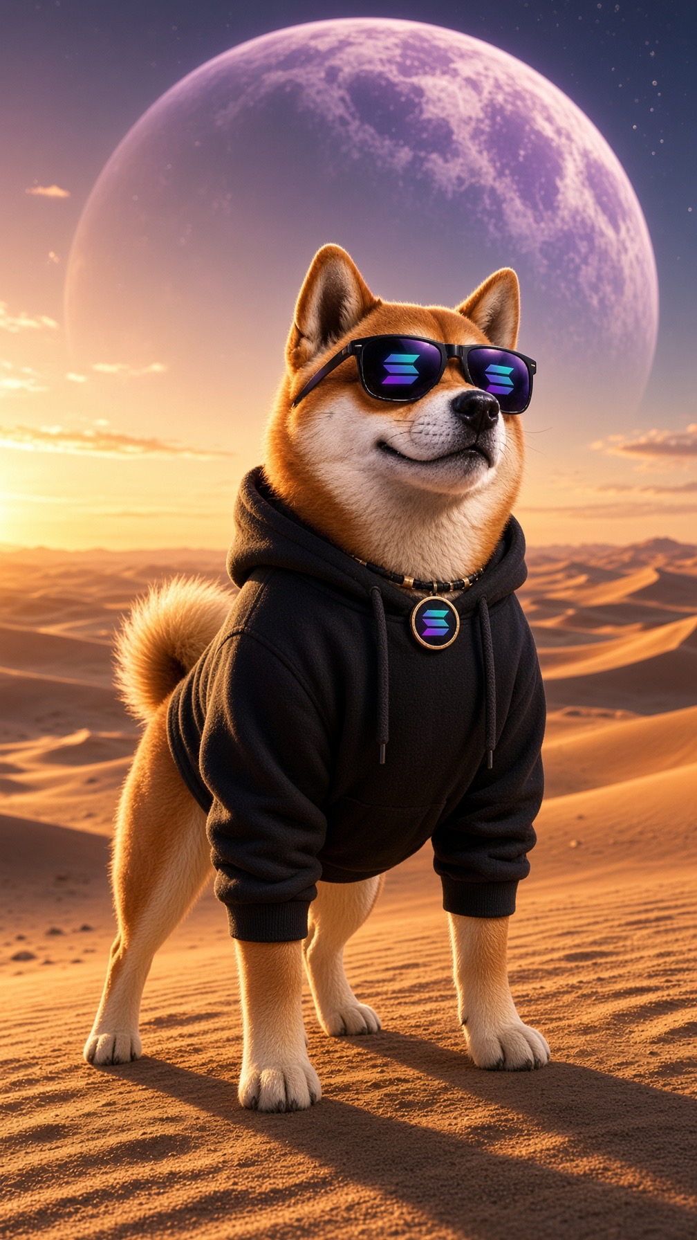 MOONDOG in the desert beneath a giant purple moon